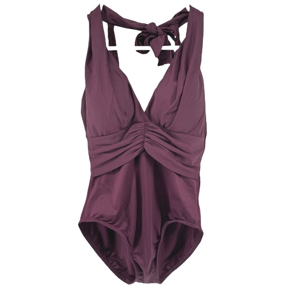 Miraclesuit One Piece Swimsuit Halter Ruched Waist V Neck Padded Purple Medium